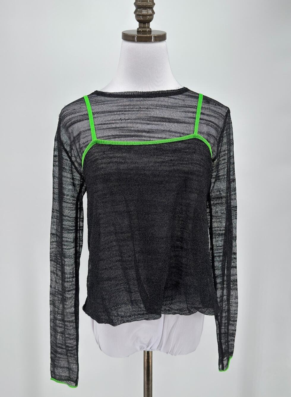 Vintage Gianfranco Ferré Sheer Knit Black Green Trim Long Sleeve Top Sz 8